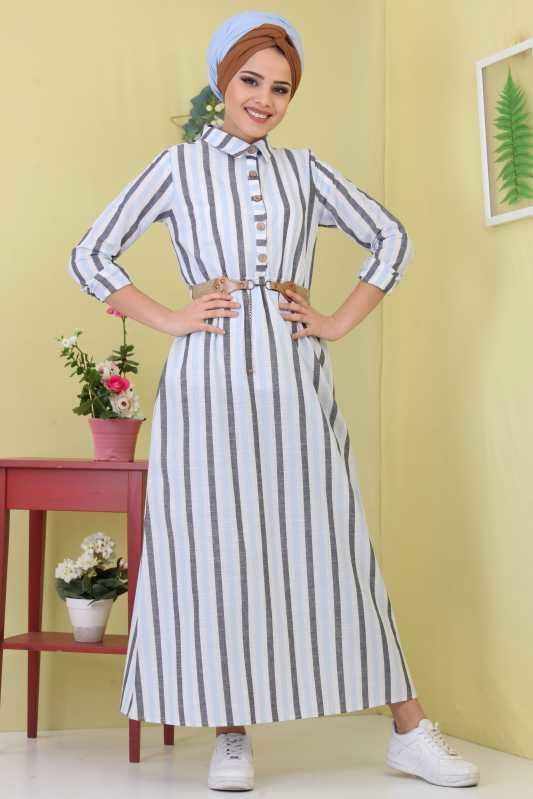 Çizgili Elbise Kemer Bebe Mavi - 02 6707 Mavi - 6707 MAVİ