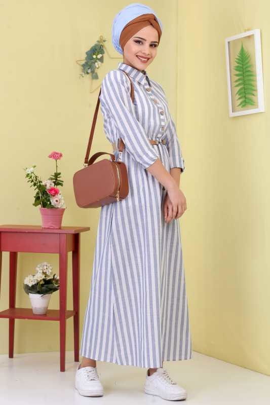 Çizgili Elbise Kemer Mavi - 02 6707 Mavi - 6707