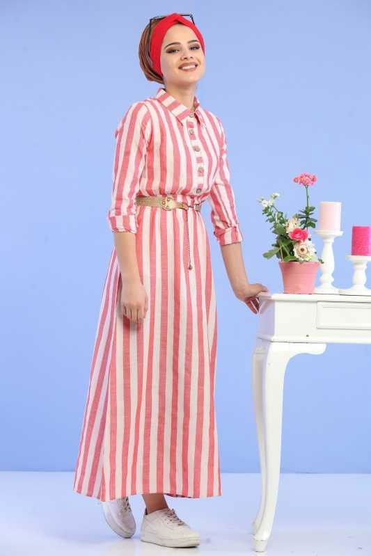 Çizgili Elbise Kemer Pembe - 02 6707 Pembe - 6707 PEMBE