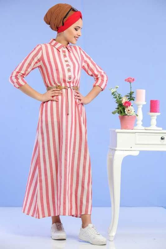 Çizgili Elbise Kemer Pembe - 02 6707 Pembe - 6707 PEMBE