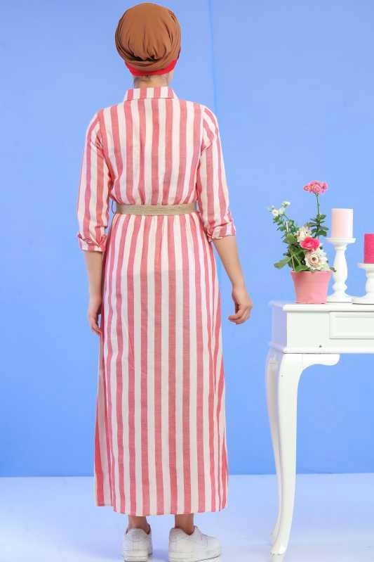 Çizgili Elbise Kemer Pembe - 02 6707 Pembe - 6707 PEMBE