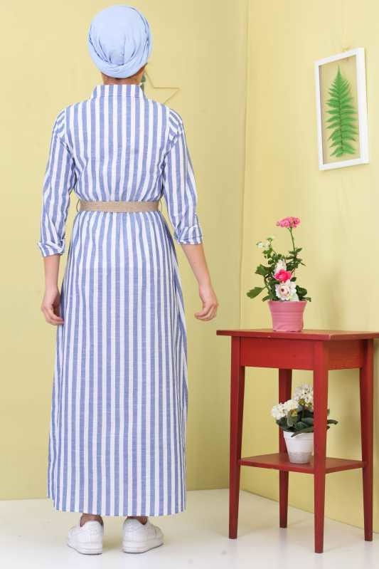 Çizgili Elbise Kemer Saks - 02 6707 Mavi - 6707