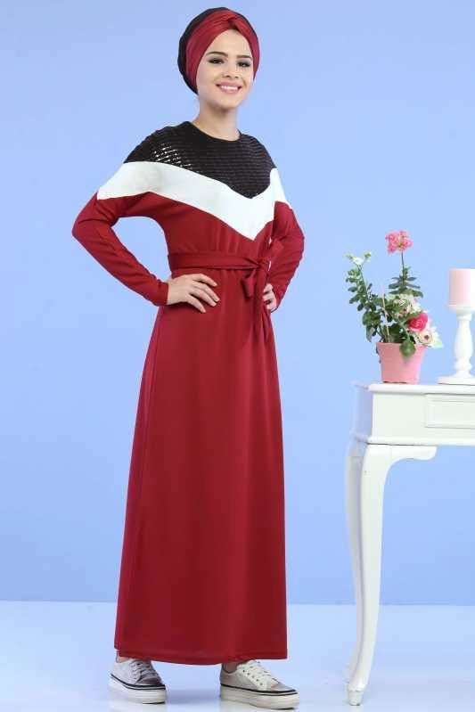 Pul Detay Elbise Siyah Bordo - 6746 BORDO