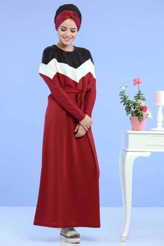 Pul Detay Elbise Siyah Bordo - 6746 BORDO