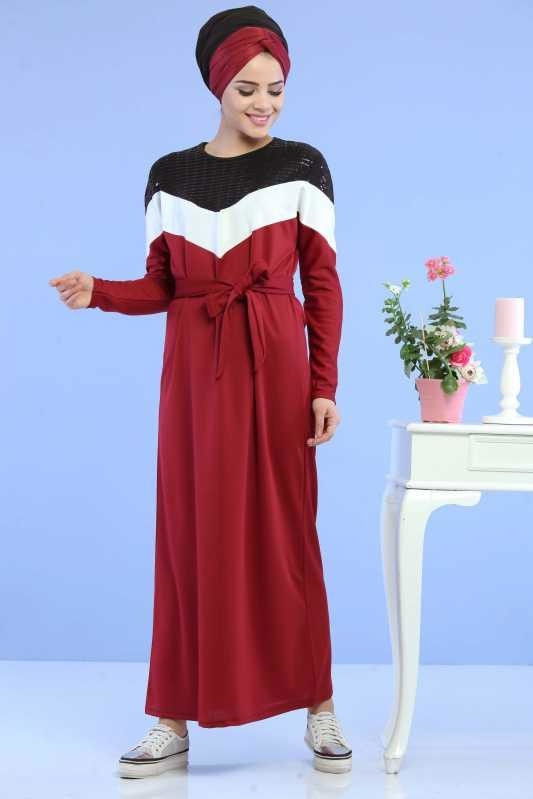 Pul Detay Elbise Siyah Bordo - 6746 BORDO