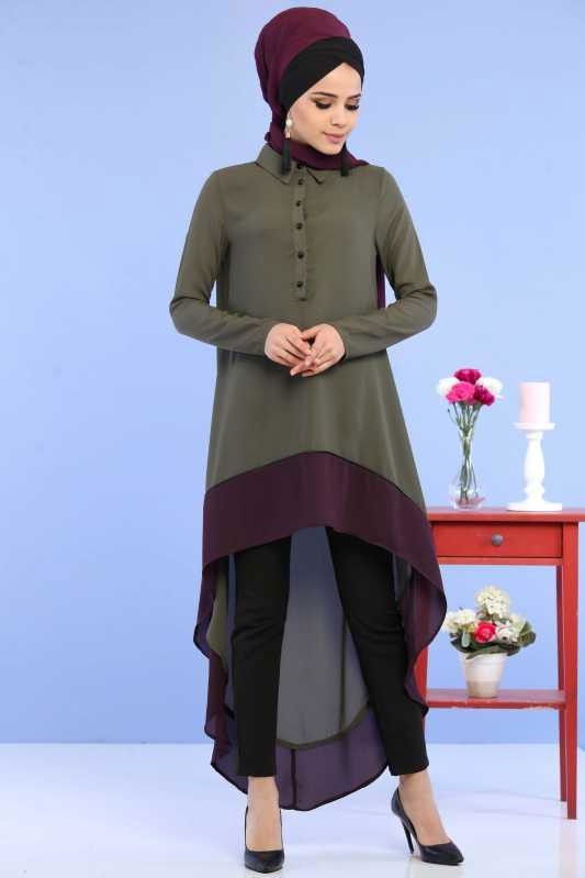 (3 Parça) Tunik, Pantolon ve Küpe Kombin - Haki & Siyah 02 0799 Haki - 799