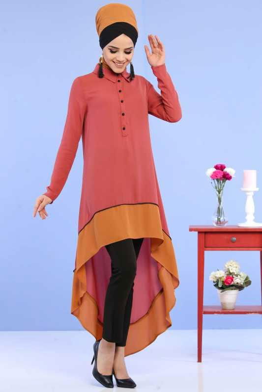 (3 Parça) Tunik, Pantolon ve Küpe Kombin - Kiremit & Siyah 02 0799 Kiremit - 799