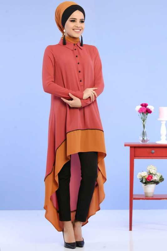 (3 Parça) Tunik, Pantolon ve Küpe Kombin - Kiremit & Siyah 02 0799 Kiremit - 799