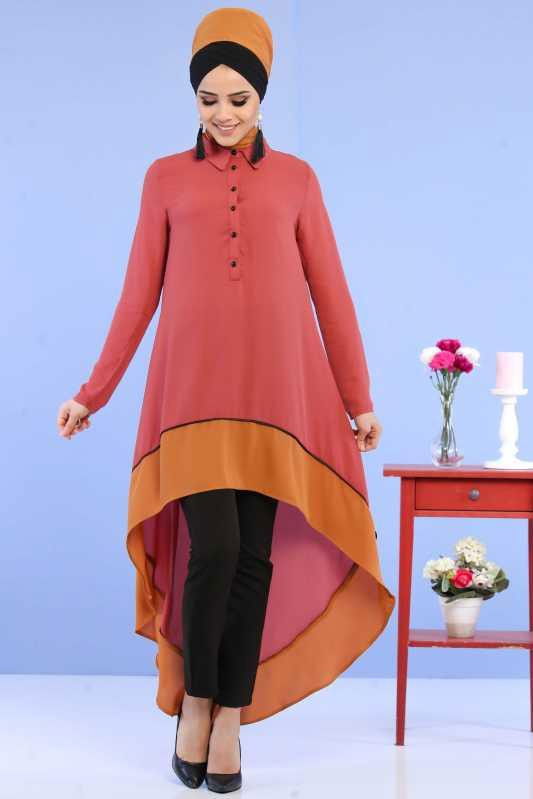 (3 Parça) Tunik, Pantolon ve Küpe Kombin - Kiremit & Siyah 02 0799 Kiremit - 799