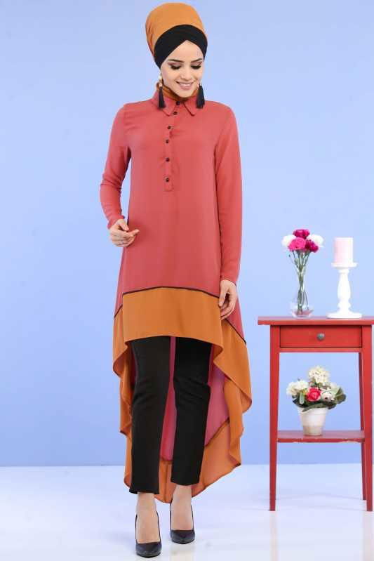 (3 Parça) Tunik, Pantolon ve Küpe Kombin - Kiremit & Siyah 02 0799 Kiremit - 799