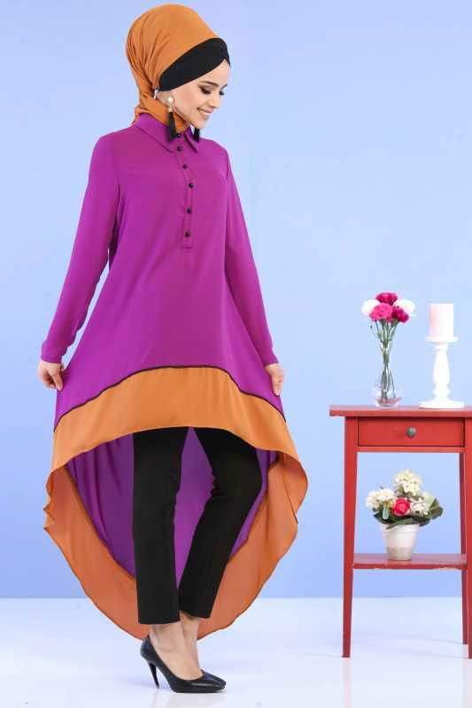 (3 Parça) Tunik, Pantolon ve Küpe Kombin - Mor & Siyah 02 0799 Mor - 799