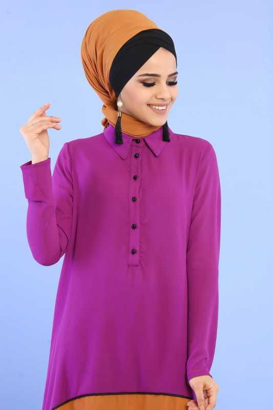 (3 Parça) Tunik, Pantolon ve Küpe Kombin - Mor & Siyah 02 0799 Mor - 799