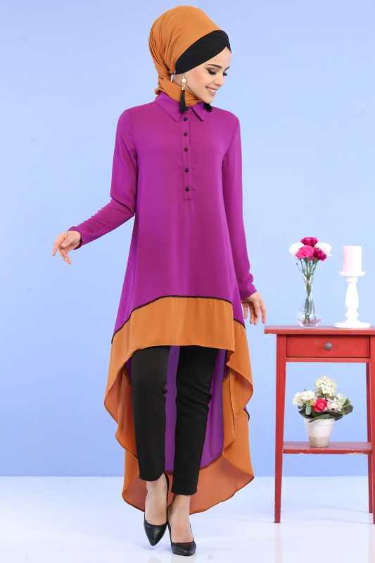 (3 Parça) Tunik, Pantolon ve Küpe Kombin - Mor & Siyah 02 0799 Mor - 799