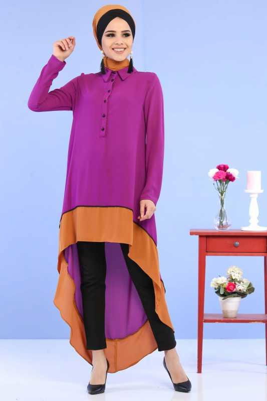 (3 Parça) Tunik, Pantolon ve Küpe Kombin - Mor & Siyah 02 0799 Mor - 799