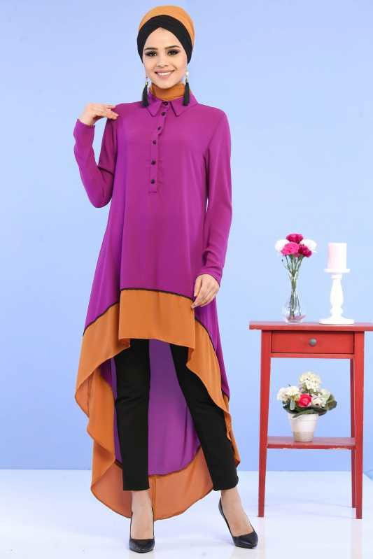 (3 Parça) Tunik, Pantolon ve Küpe Kombin - Mor & Siyah 02 0799 Mor - 799
