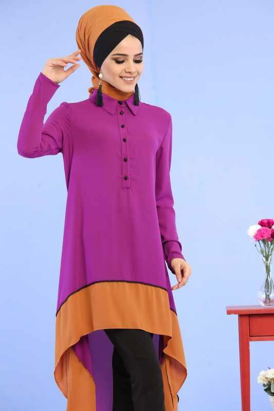 (3 Parça) Tunik, Pantolon ve Küpe Kombin - Mor & Siyah 02 0799 Mor - 799