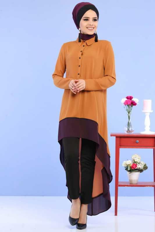 (3 Parça) Tunik, Pantolon ve Küpe Kombin - Taba & Siyah 02 0799 Taba - 799 TABA