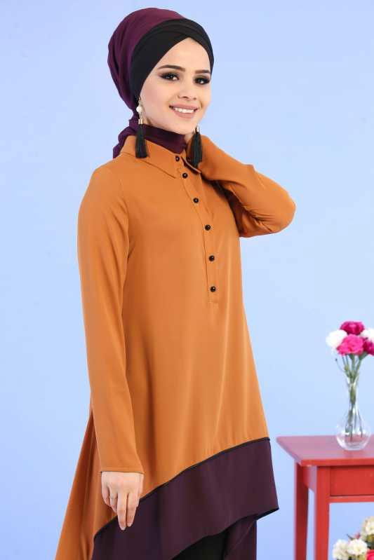 (3 Parça) Tunik, Pantolon ve Küpe Kombin - Taba & Siyah 02 0799 Taba - 799 TABA
