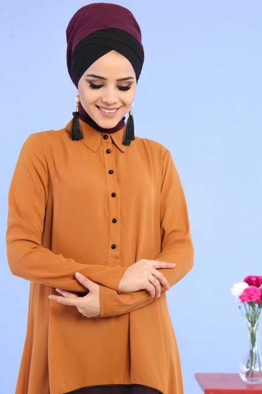 (3 Parça) Tunik, Pantolon ve Küpe Kombin - Taba & Siyah 02 0799 Taba - 799 TABA
