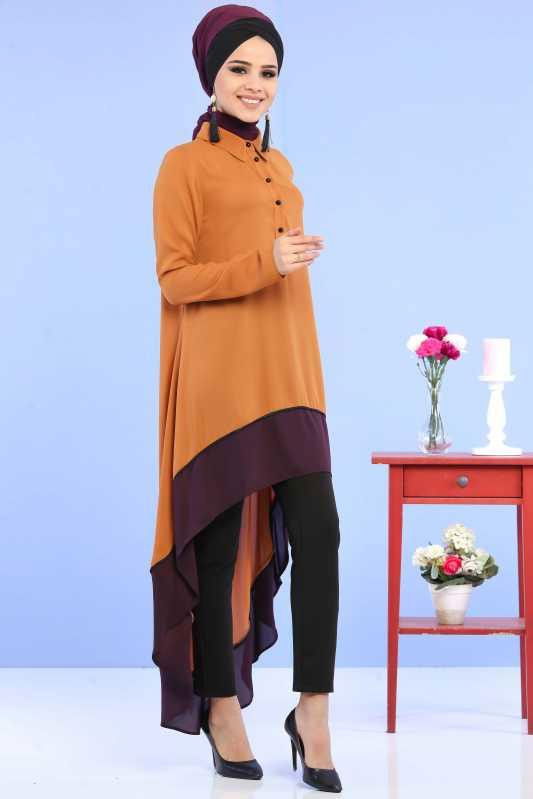 (3 Parça) Tunik, Pantolon ve Küpe Kombin - Taba & Siyah 02 0799 Taba - 799 TABA