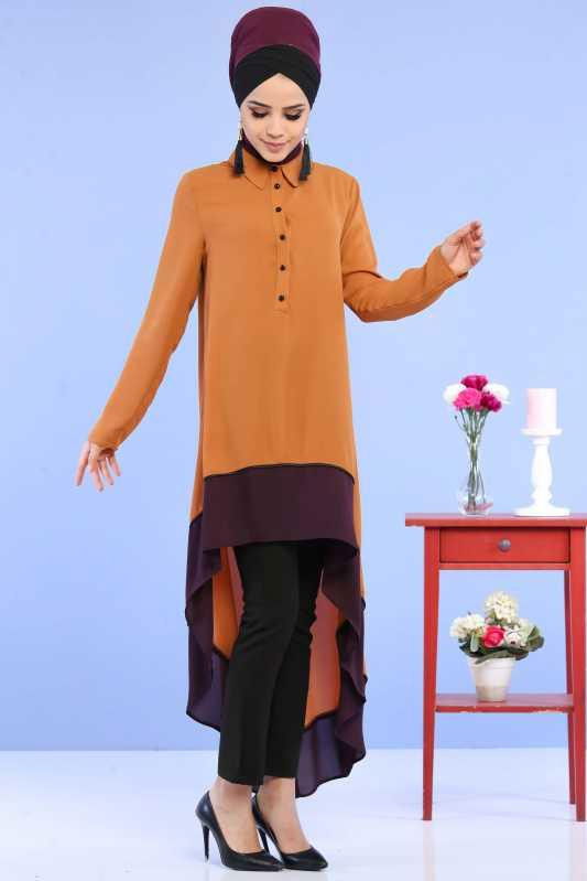 (3 Parça) Tunik, Pantolon ve Küpe Kombin - Taba & Siyah 02 0799 Taba - 799 TABA