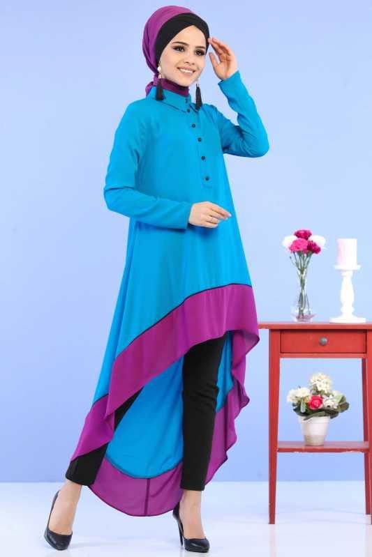 (3 Parça) Tunik, Pantolon ve Küpe Kombin - Turkuaz & Siyah 02 0799 Mavi - 799 MAVİ