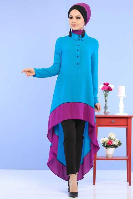 (3 Parça) Tunik, Pantolon ve Küpe Kombin - Turkuaz & Siyah 02 0799 Mavi - 799 MAVİ