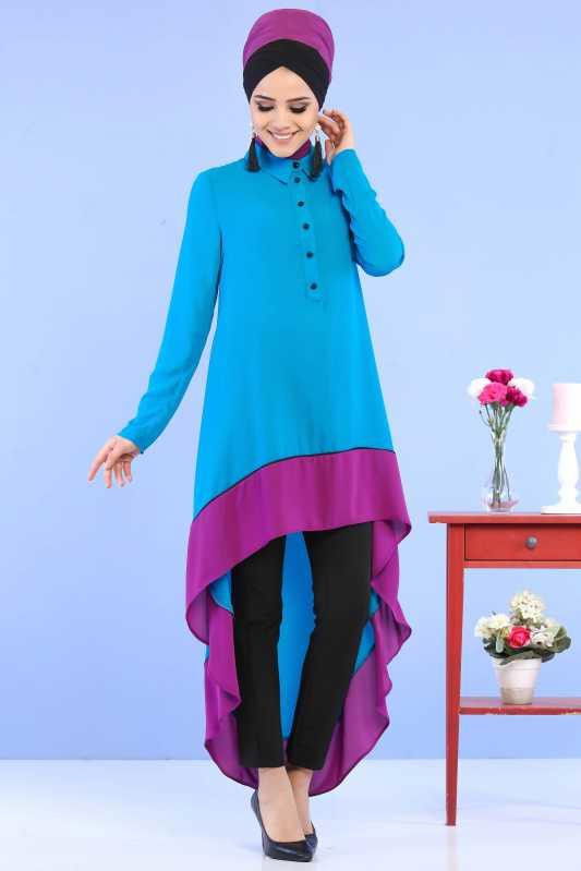 (3 Parça) Tunik, Pantolon ve Küpe Kombin - Turkuaz & Siyah 02 0799 Mavi - 799 MAVİ