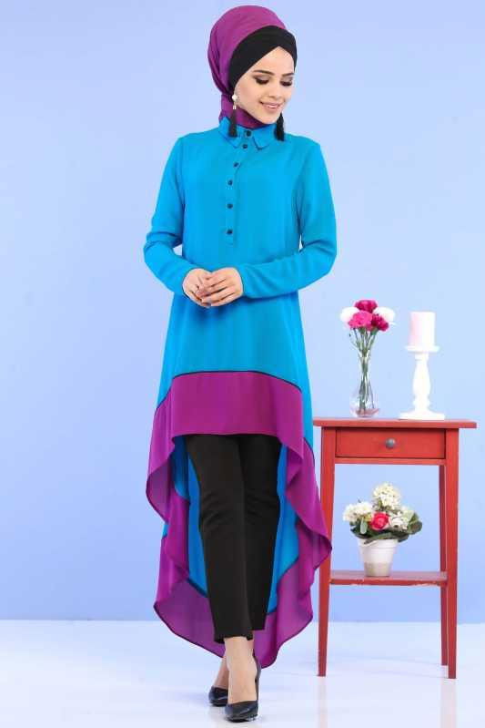 (3 Parça) Tunik, Pantolon ve Küpe Kombin - Turkuaz & Siyah 02 0799 Mavi - 799 MAVİ