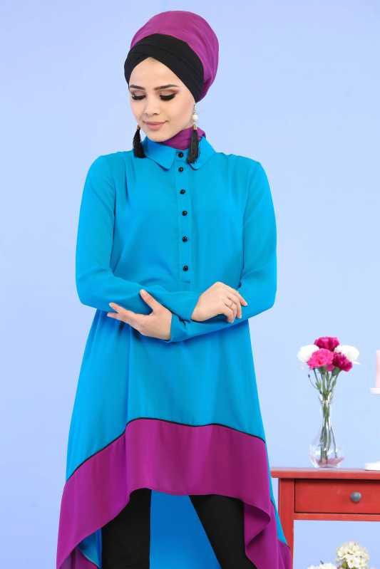 (3 Parça) Tunik, Pantolon ve Küpe Kombin - Turkuaz & Siyah 02 0799 Mavi - 799 MAVİ