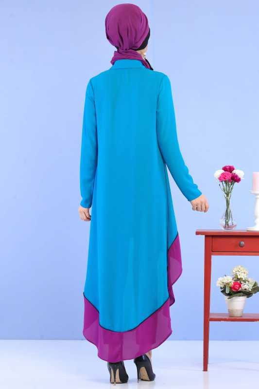 (3 Parça) Tunik, Pantolon ve Küpe Kombin - Turkuaz & Siyah 02 0799 Mavi - 799 MAVİ