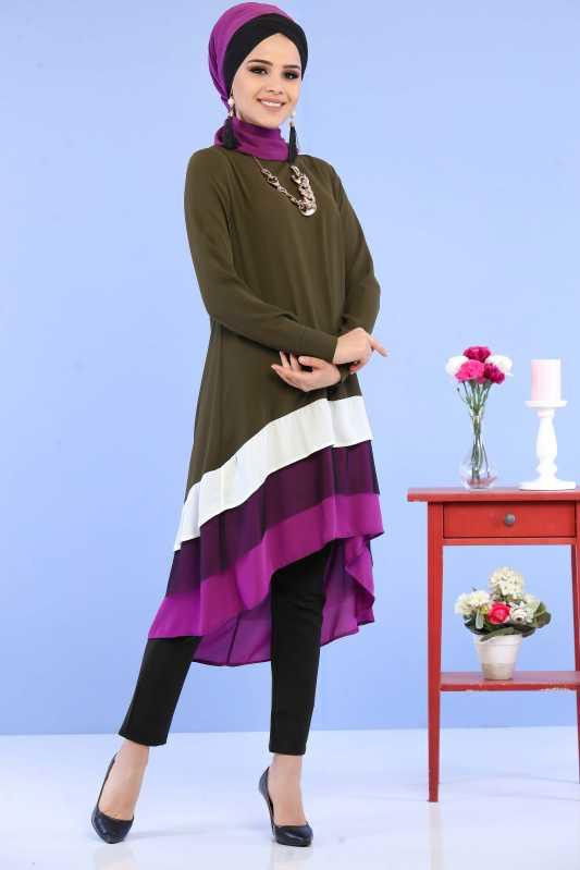 (3 Parça) Tunik Pantolon Şal Kombin - Haki Siyah 02 0798 Haki - 798