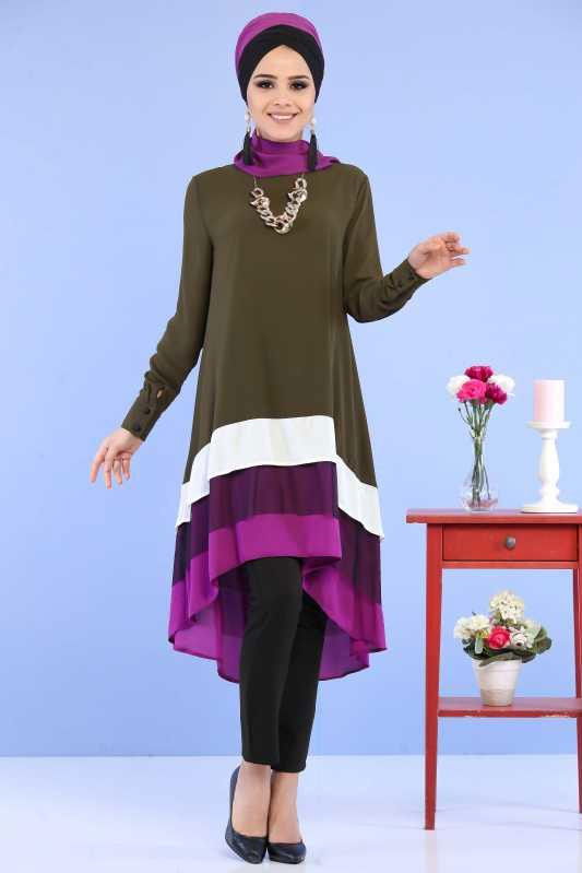 (3 Parça) Tunik Pantolon Şal Kombin - Haki Siyah 02 0798 Haki - 798