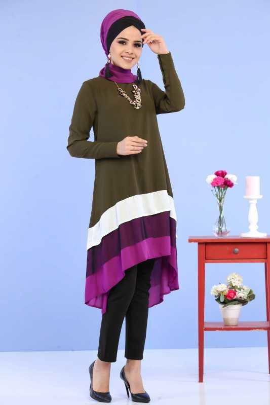 (3 Parça) Tunik Pantolon Şal Kombin - Haki Siyah 02 0798 Haki - 798
