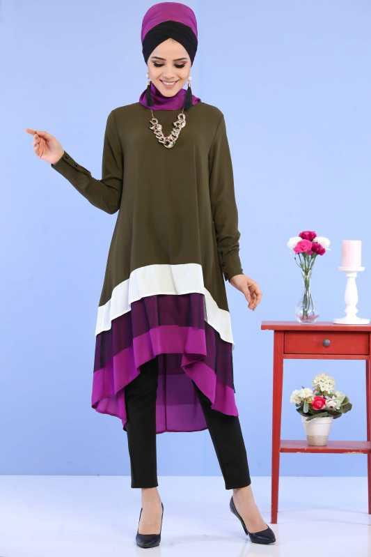 (3 Parça) Tunik Pantolon Şal Kombin - Haki Siyah 02 0798 Haki - 798