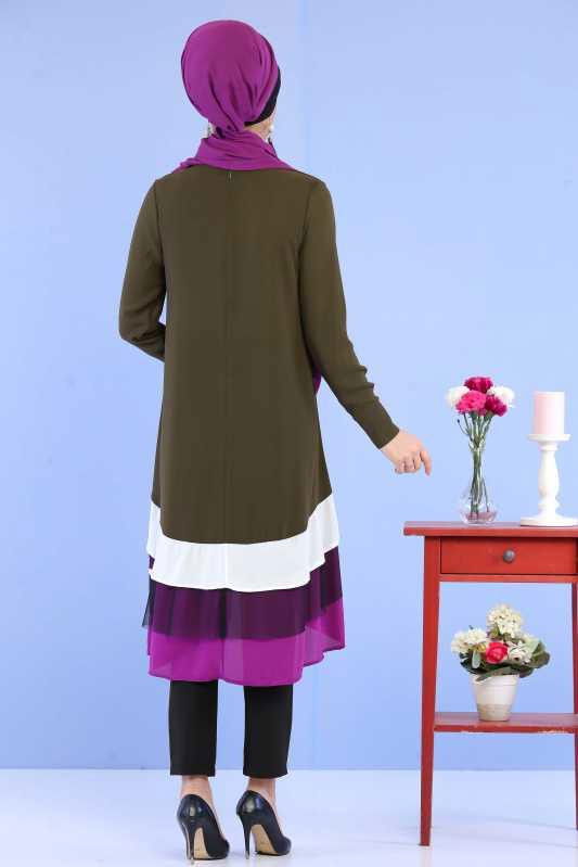 (3 Parça) Tunik Pantolon Şal Kombin - Haki Siyah 02 0798 Haki - 798