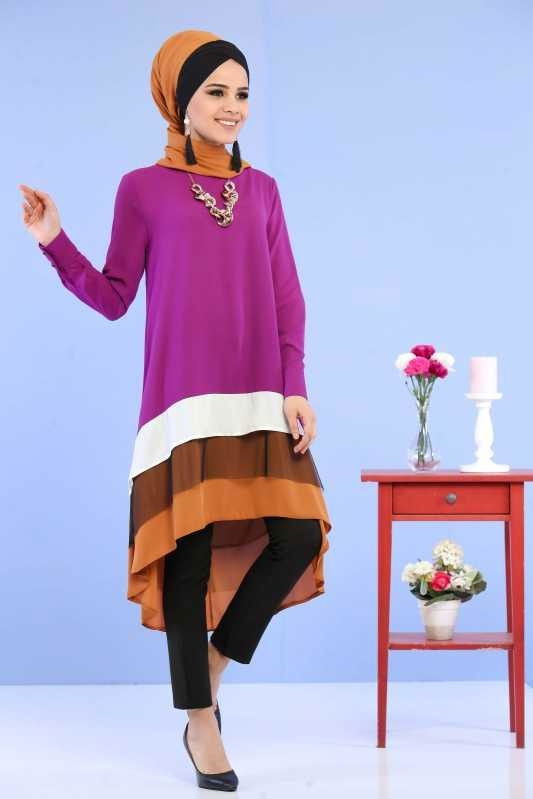 (3 Parça) Tunik Pantolon Şal Kombin - Mor Siyah 02 0798 Mor - 798 MOR