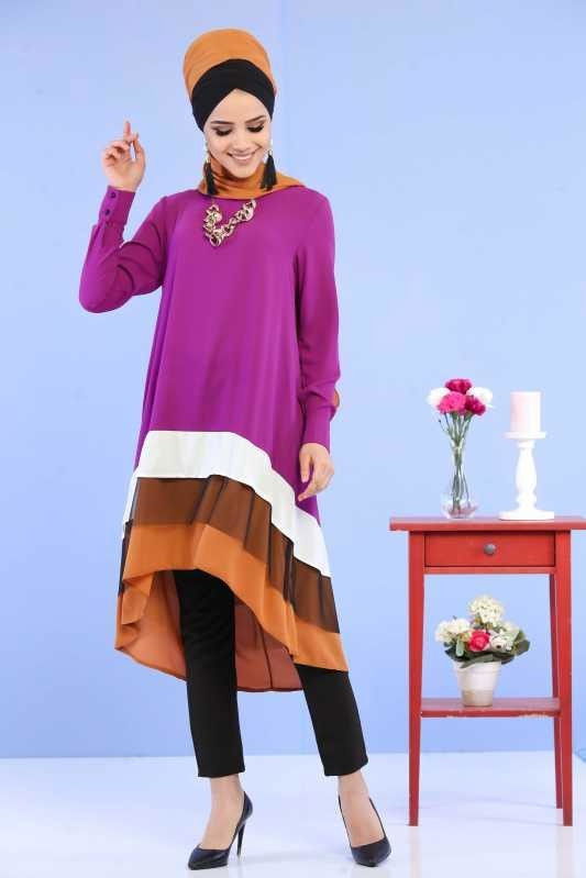 (3 Parça) Tunik Pantolon Şal Kombin - Mor Siyah 02 0798 Mor - 798 MOR