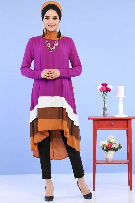 (3 Parça) Tunik Pantolon Şal Kombin - Mor Siyah 02 0798 Mor - 798 MOR