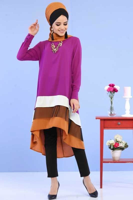 (3 Parça) Tunik Pantolon Şal Kombin - Mor Siyah 02 0798 Mor - 798 MOR
