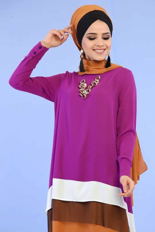 (3 Parça) Tunik Pantolon Şal Kombin - Mor Siyah 02 0798 Mor - 798 MOR