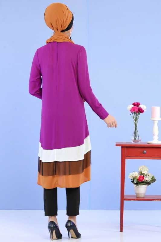 (3 Parça) Tunik Pantolon Şal Kombin - Mor Siyah 02 0798 Mor - 798 MOR