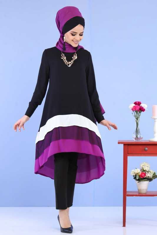 (3 Parça) Tunik Pantolon Şal Kombin - Siyah Siyah 02 0798 Siyah - 798