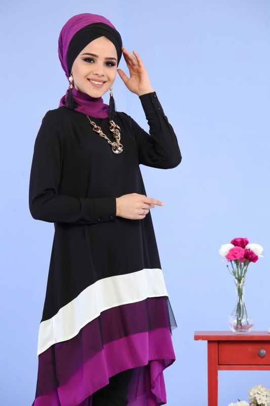 (3 Parça) Tunik Pantolon Şal Kombin - Siyah Siyah 02 0798 Siyah - 798