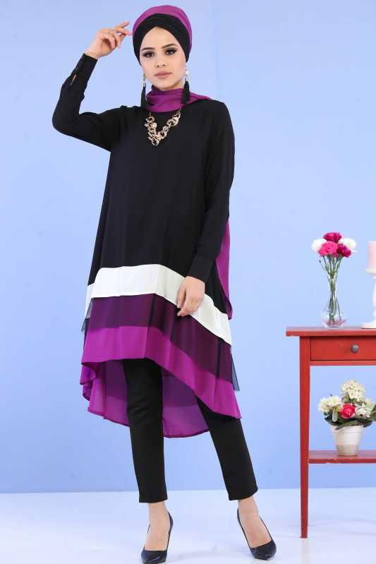 (3 Parça) Tunik Pantolon Şal Kombin - Siyah Siyah 02 0798 Siyah - 798