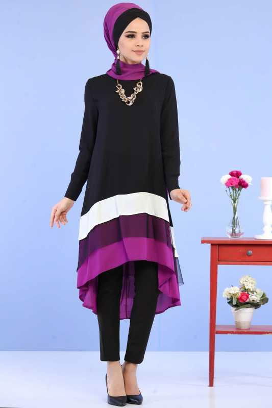 (3 Parça) Tunik Pantolon Şal Kombin - Siyah Siyah 02 0798 Siyah - 798