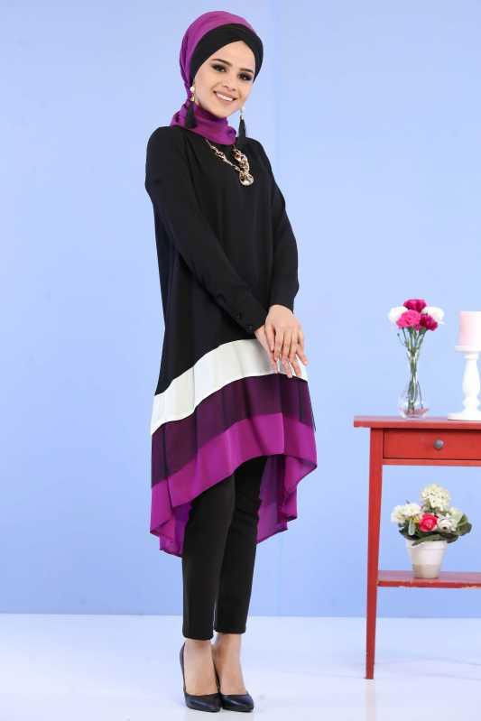 (3 Parça) Tunik Pantolon Şal Kombin - Siyah Siyah 02 0798 Siyah - 798