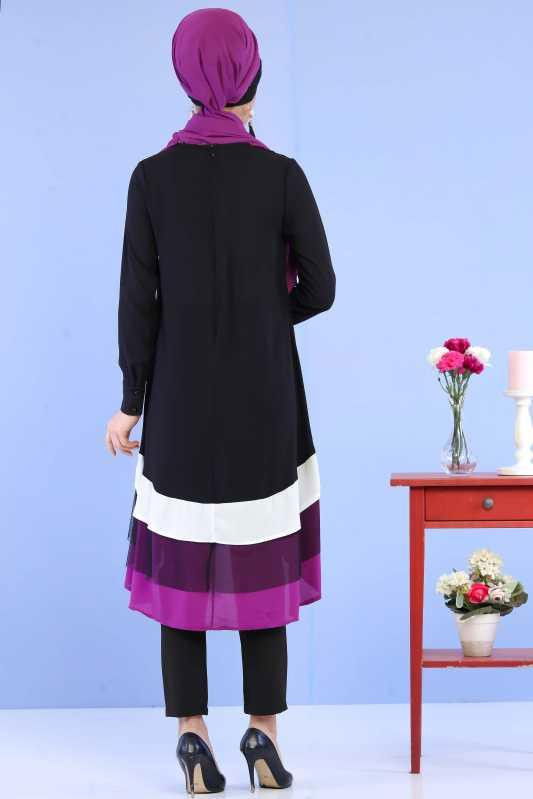 (3 Parça) Tunik Pantolon Şal Kombin - Siyah Siyah 02 0798 Siyah - 798