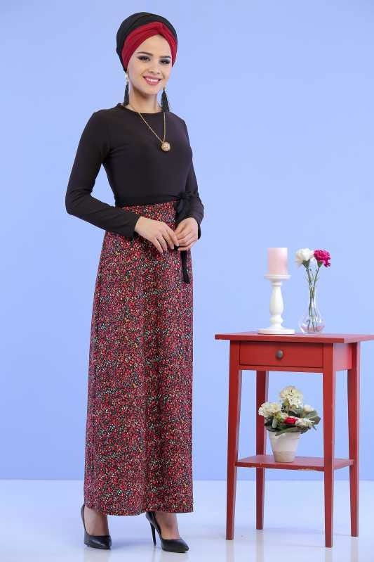 Çiçek Desen Elbise Bordo Bordo - 6797