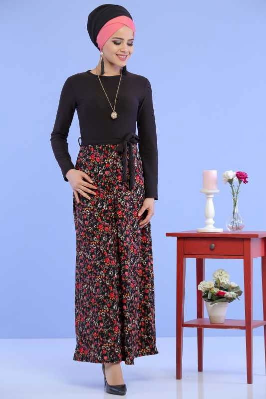 Çiçek Desen Elbise Siyah Siyah - 6799